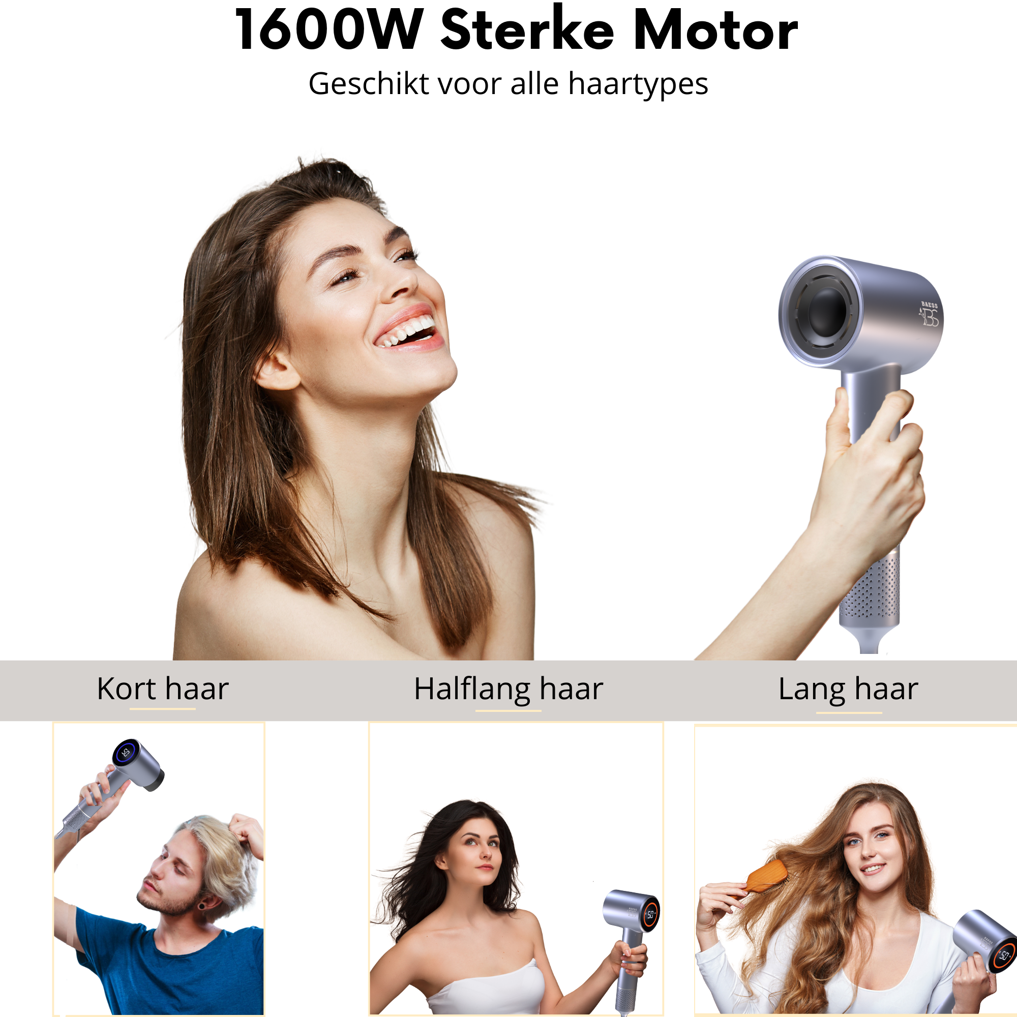 Haardroger met 1600W motor – geschikt voor kort, halflang en lang haar