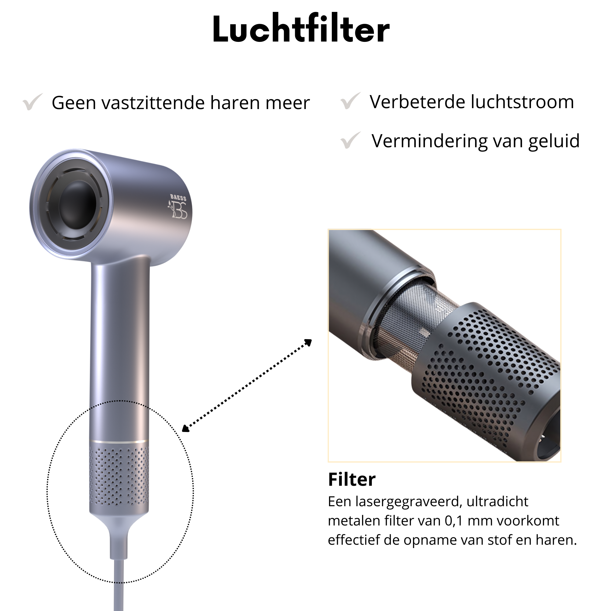 Haardroger met ultradichte luchtfilter – voorkomt vastzittende haren en reduceert geluid