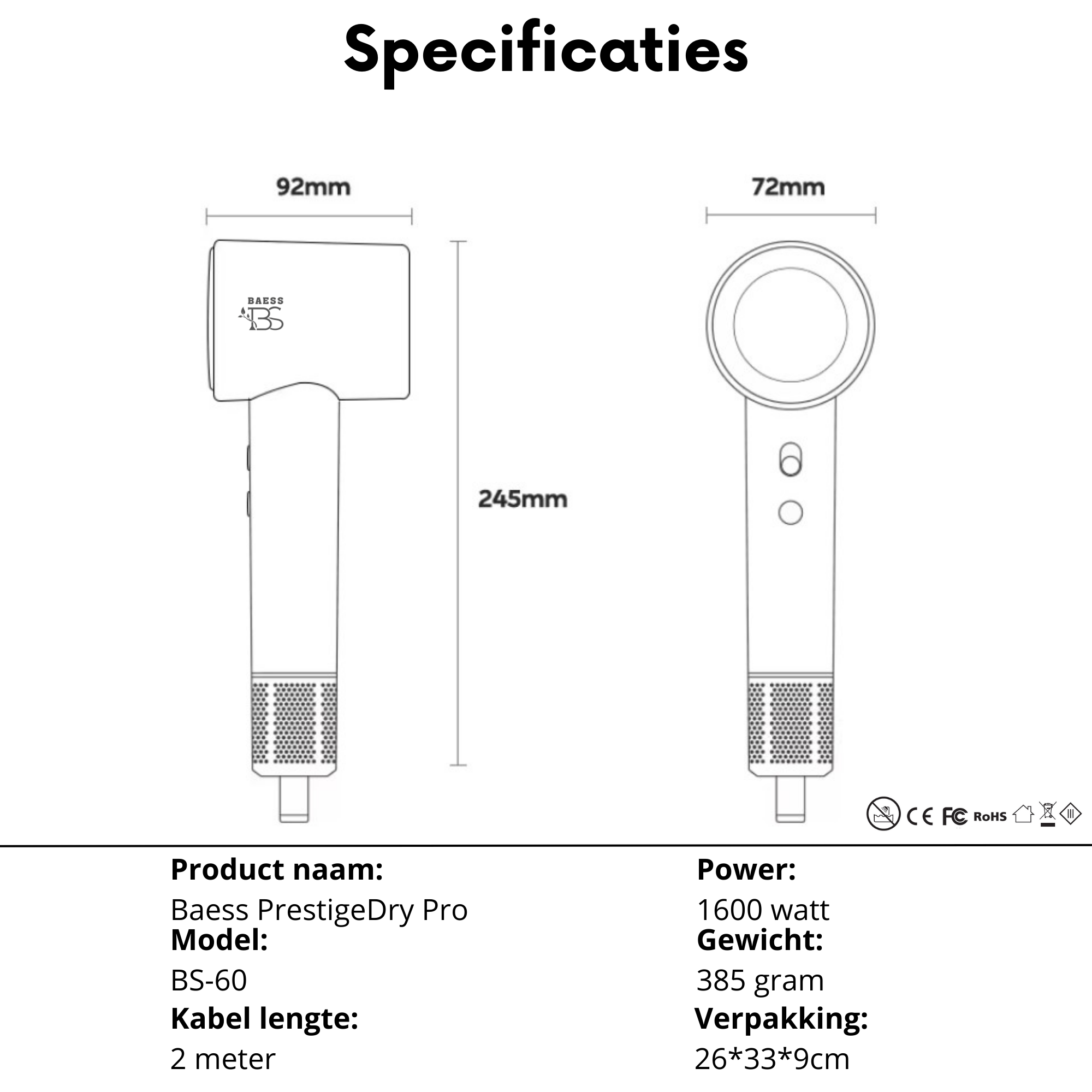 Technische specificaties haardroger – formaat, gewicht, vermogen en kabellengte