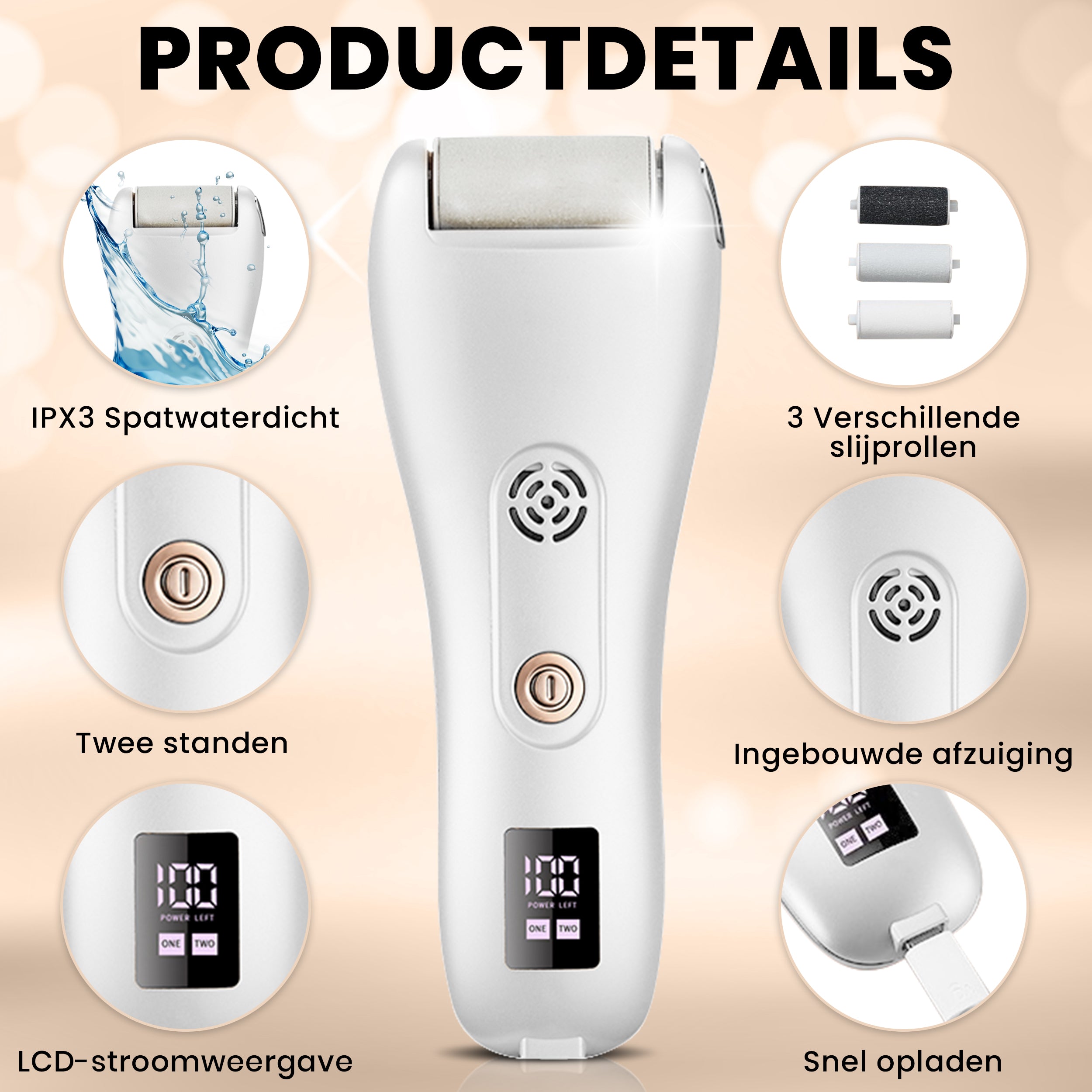 Electric Callus Remover - Vacuum System - 3 Wear Rollers - White