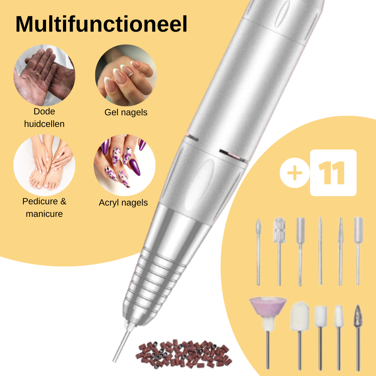 Multifunctionele elektrische nagelfrees voor gelnagels, acrylnagels, pedicure, manicure en dode huidcellen – met 11 opzetstukken