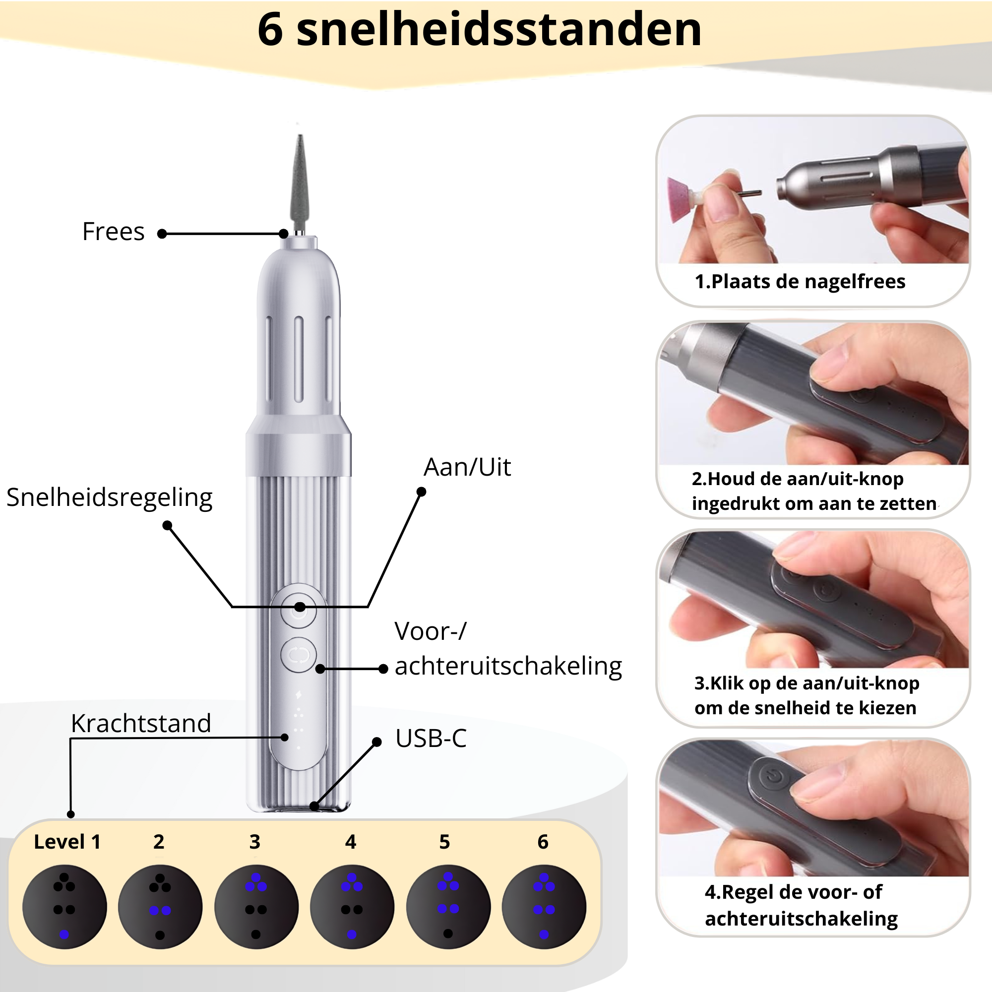 elektrische nagelfrees tijdens gebruik – met duidelijke bediening