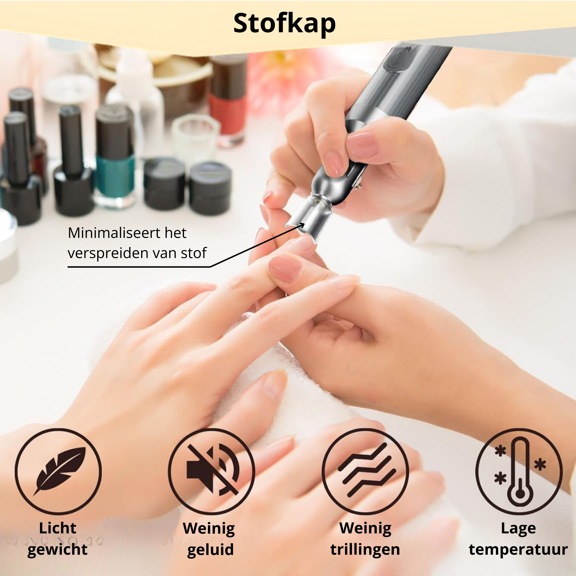Nagelfrees in gebruik tijdens manicure – met stofkap, lage trillingen en weinig geluid